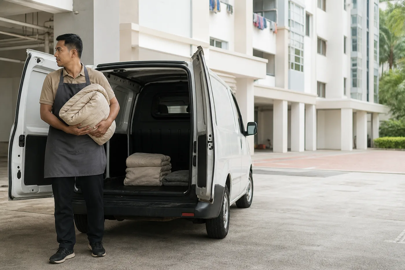 A driver standing beside the open back of a small plain white van in a housing estate carpark, holding a folded laundry bag