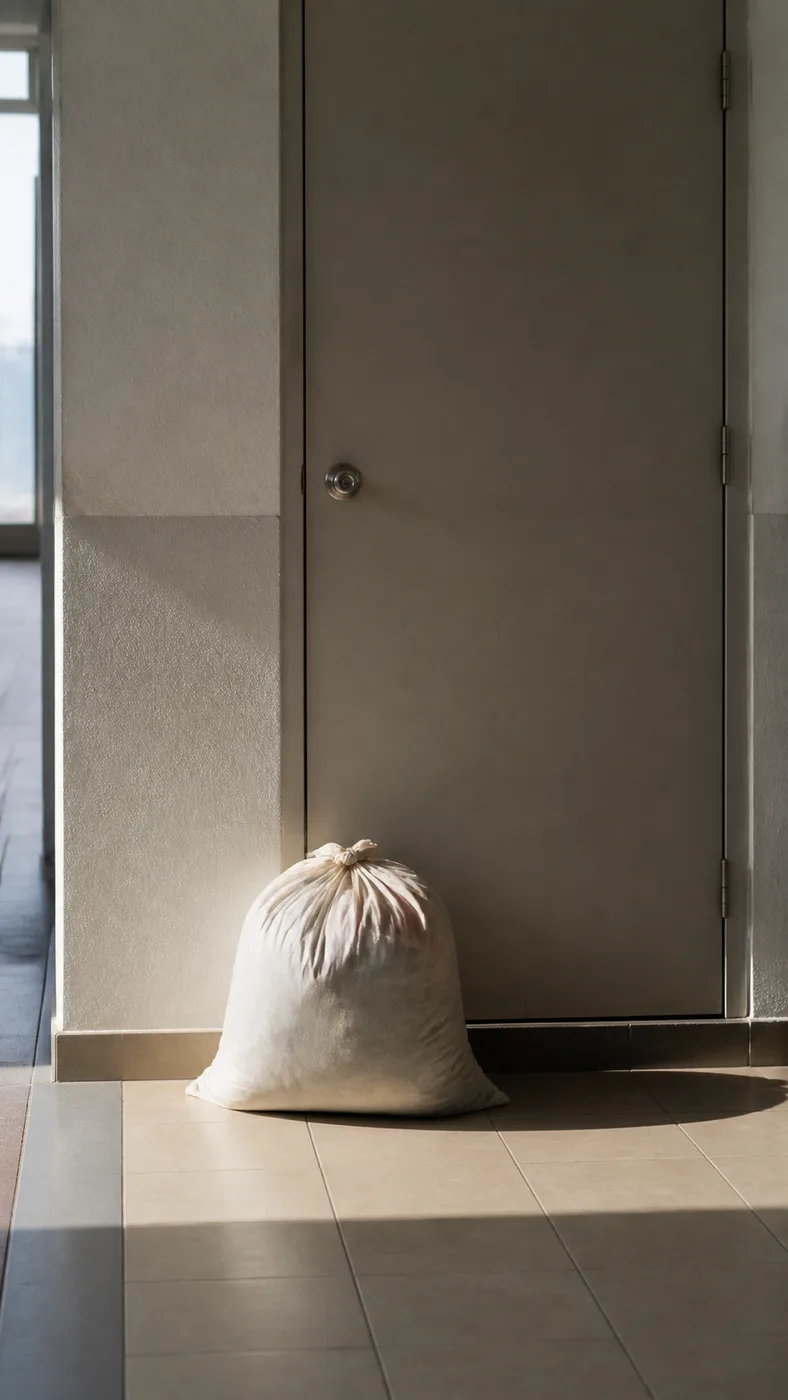 A full cloth laundry bag left waiting on the floor outside a closed front door