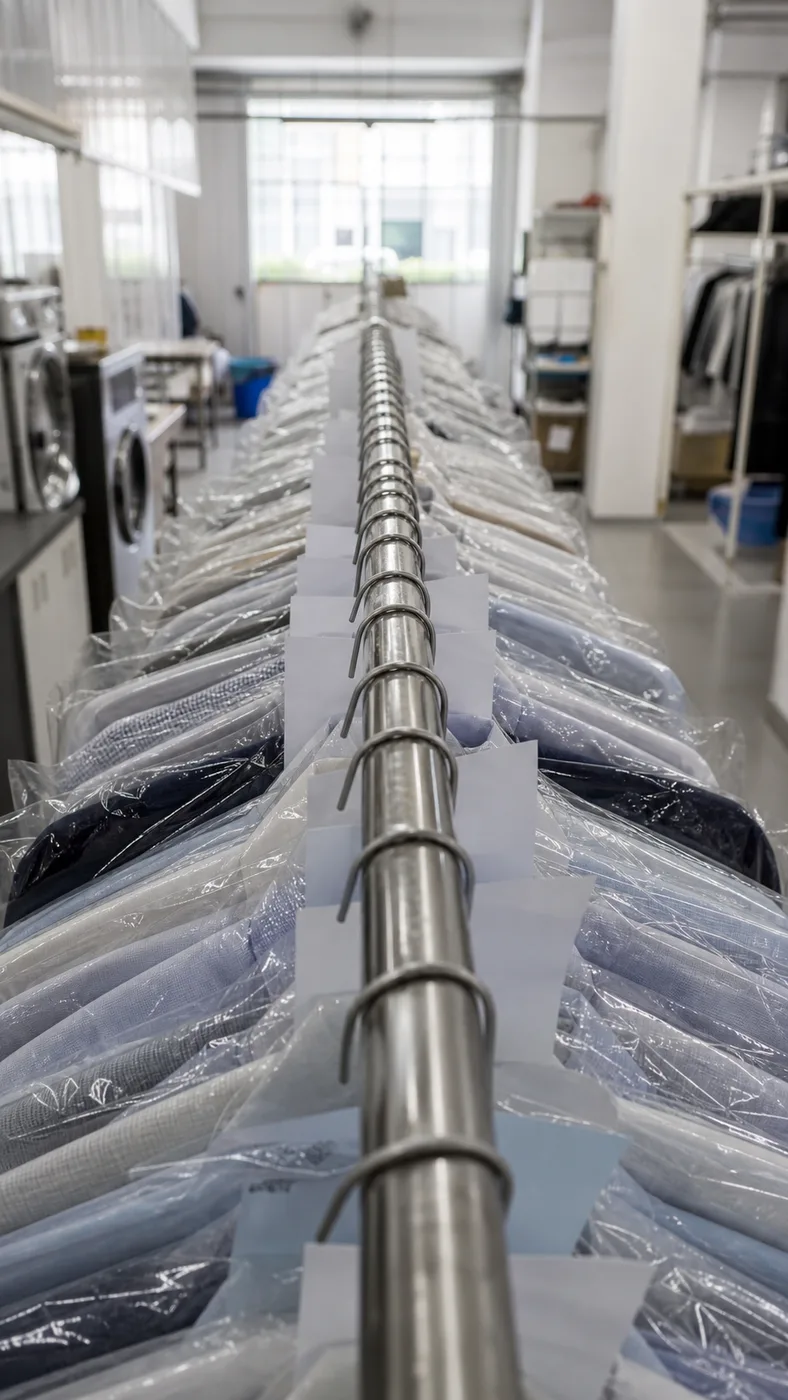A long rail of finished garments in clear covers with paper tickets clipped to the hangers