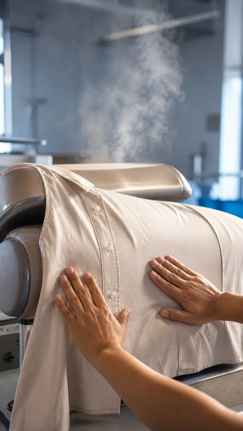Hands guiding a cotton shirt across a steam press as steam rises